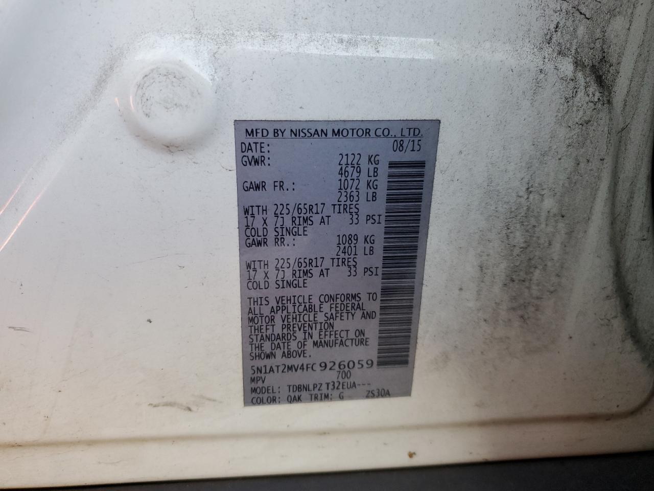 2015 Nissan Rogue VIN 5N1AT2MV4FC926059 Copart auction photo, front end / side damage thumbnail 16