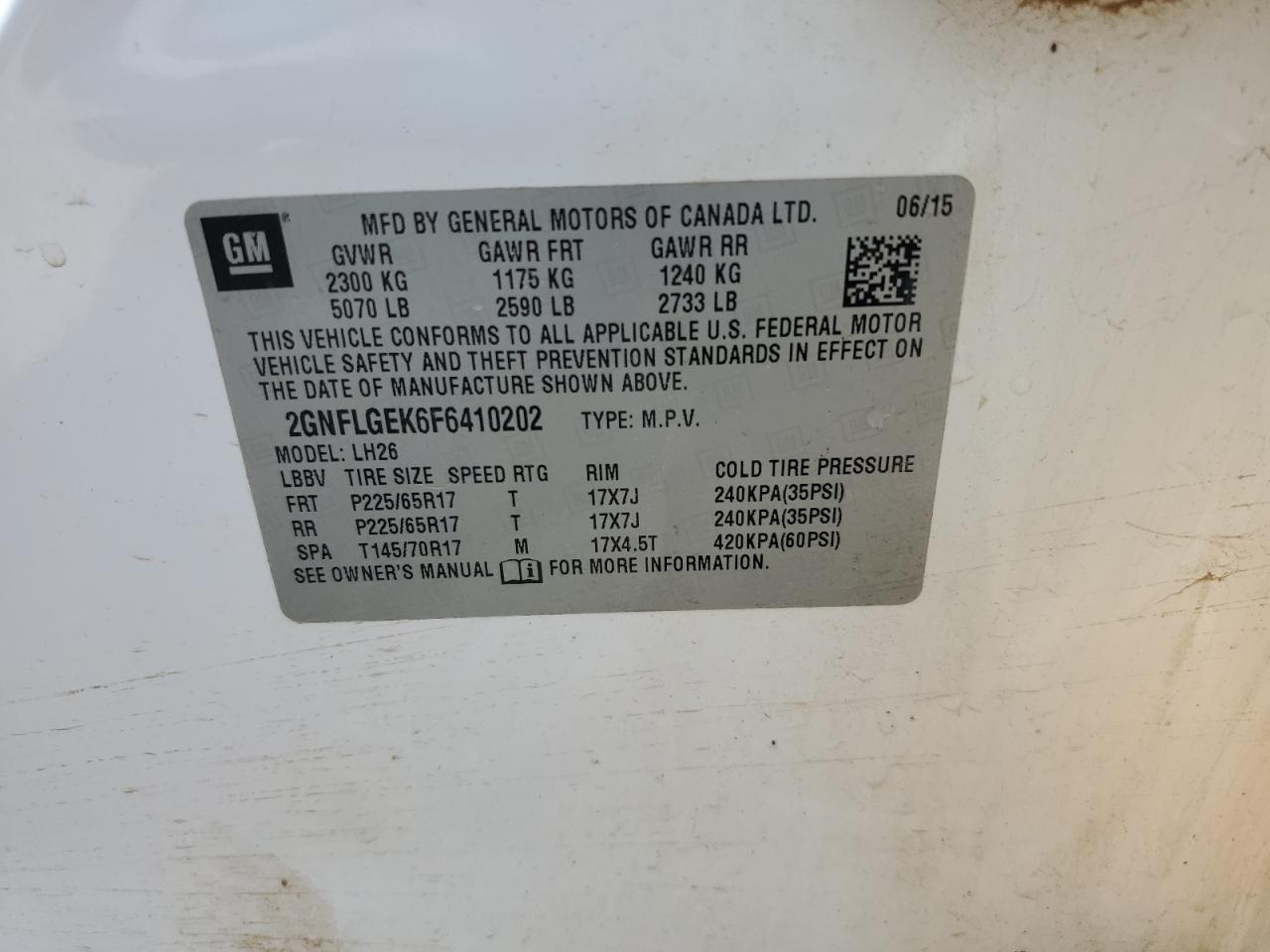 2015 Chevrolet Equinox VIN 2GNFLGEK6F6410202 Copart auction photo, water/flood damage thumbnail 13