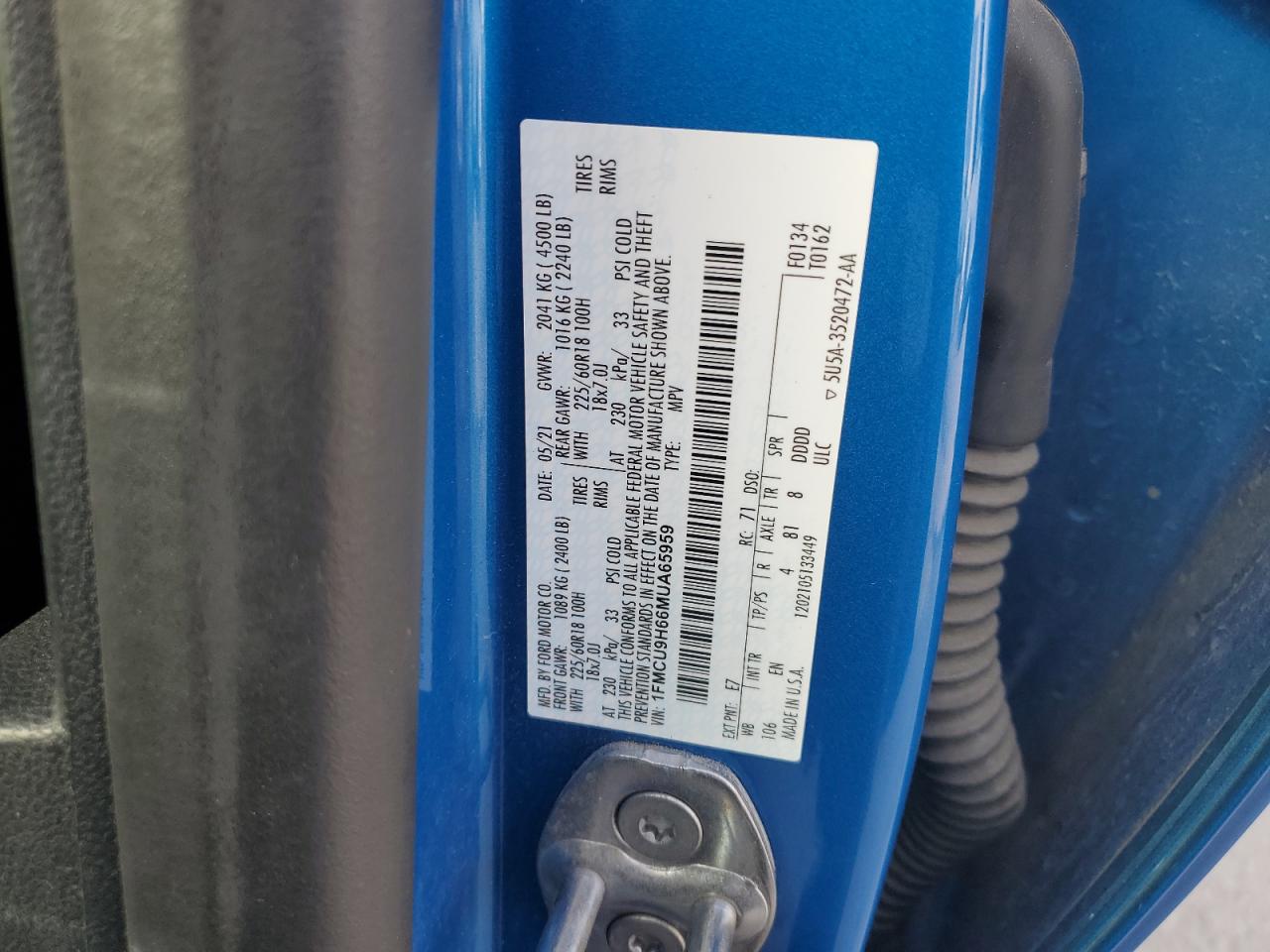 2021 Ford Escape VIN 1FMCU9H66MUA65959 Copart auction photo, mechanical / minor dent/scratches damage thumbnail 12