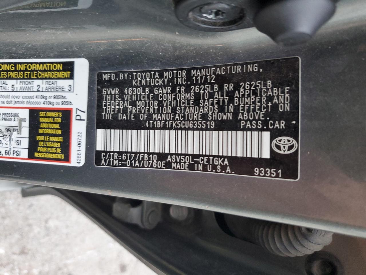 2012 Toyota Camry VIN 4T1BF1FK5CU635519 Copart auction photo, rear end / side damage thumbnail 14