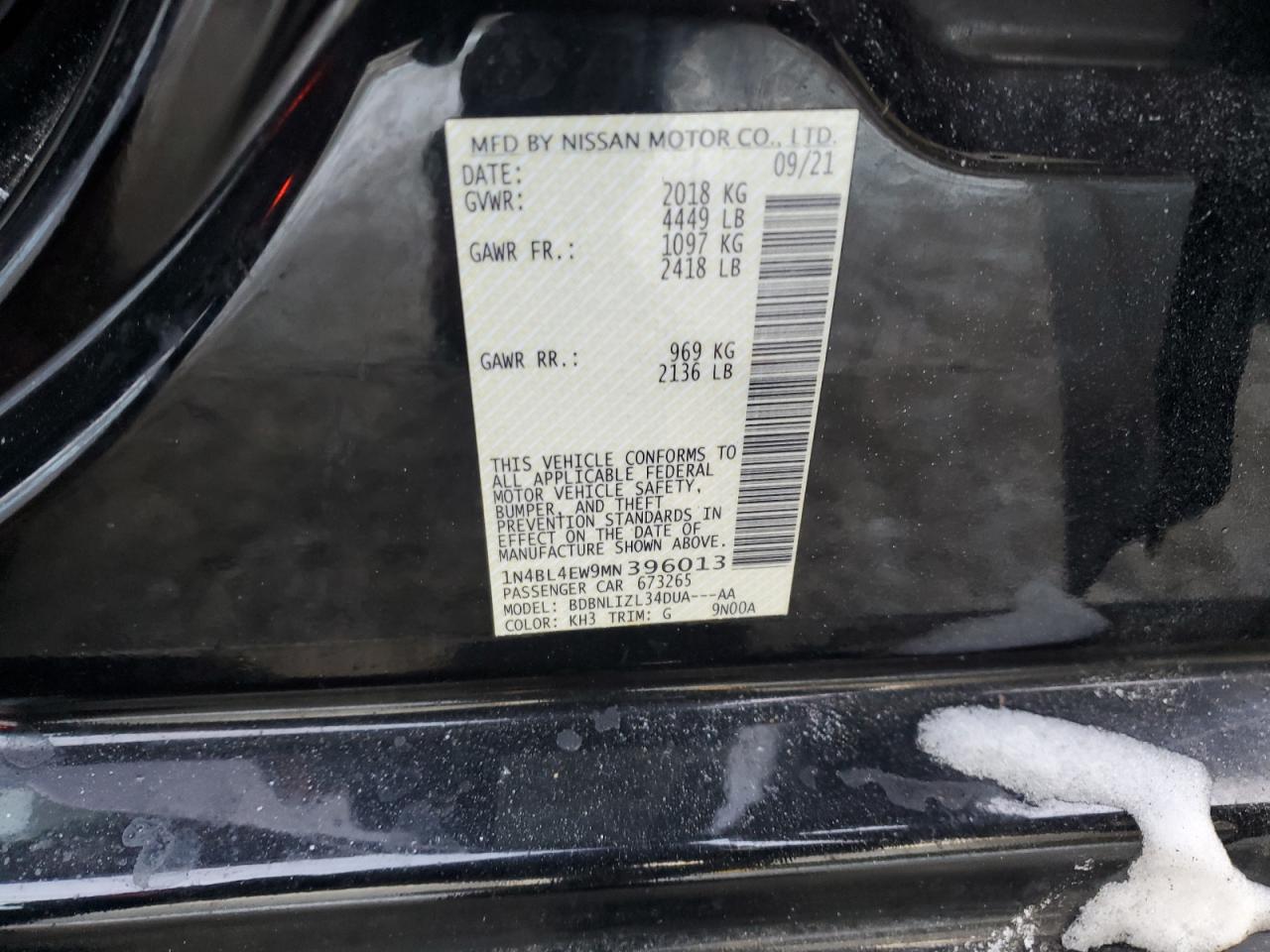 2021 Nissan Altima VIN 1N4BL4EW9MN396013 Copart auction photo, front end / minor dent/scratches damage thumbnail 14