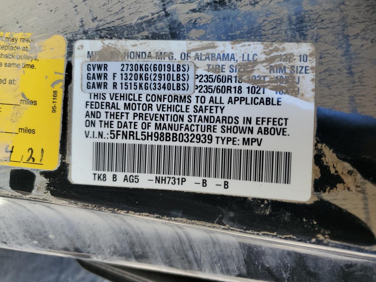 2011 Honda Odyssey VIN 5FNRL5H98BB032939 Copart auction photo, water/flood damage thumbnail 14
