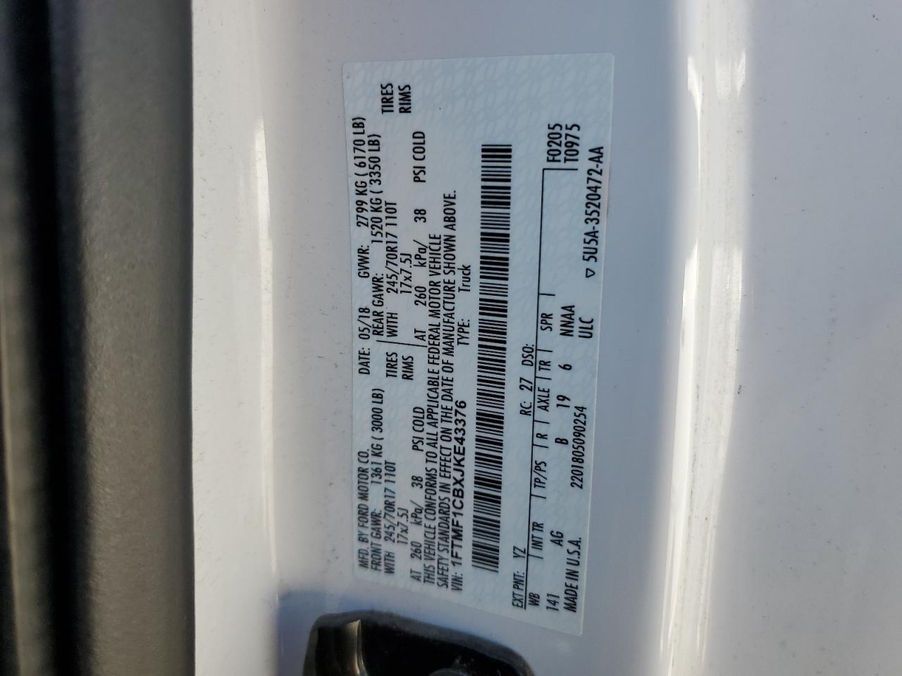 2018 Ford F-150 VIN 1FTMF1CBXJKE43376 Copart auction photo, front end / undercarriage damage thumbnail 13