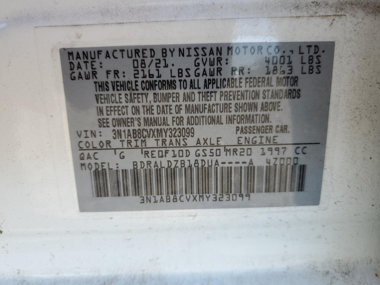 2021 Nissan Sentra VIN 3N1AB8CVXMY323099 Copart auction photo, front end damage thumbnail 13