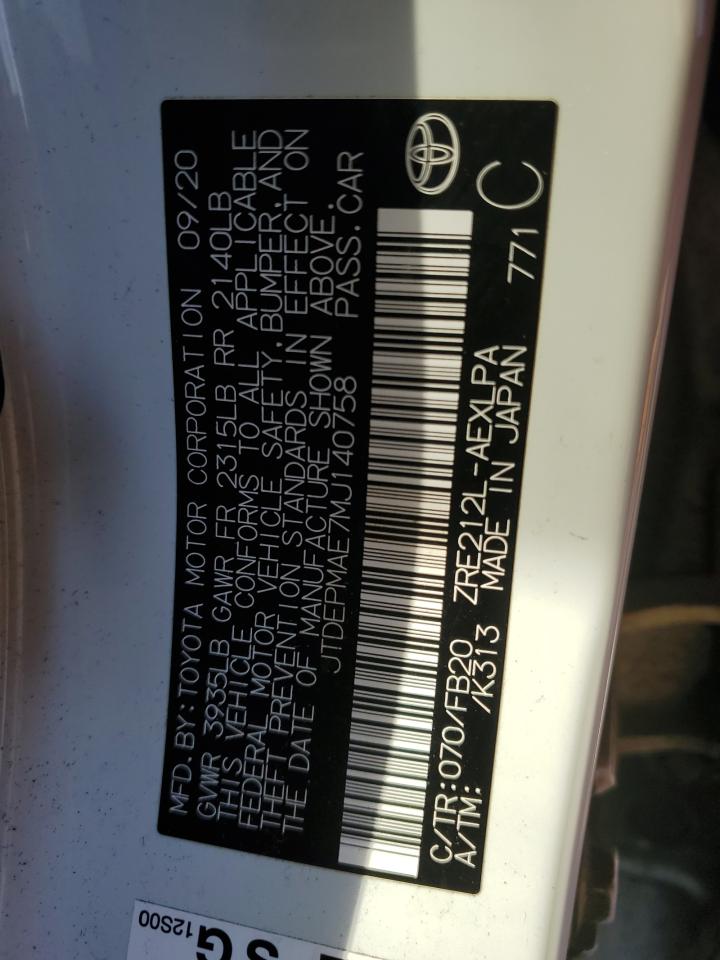 2021 Toyota Corolla VIN JTDEPMAE7MJ140758 Copart auction photo, rear end damage thumbnail 12