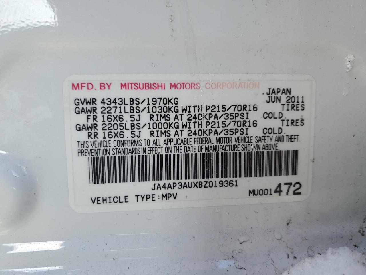 2011 Mitsubishi Outlander VIN JA4AP3AUXBZ019361 Copart auction photo, rollover / side damage thumbnail 14