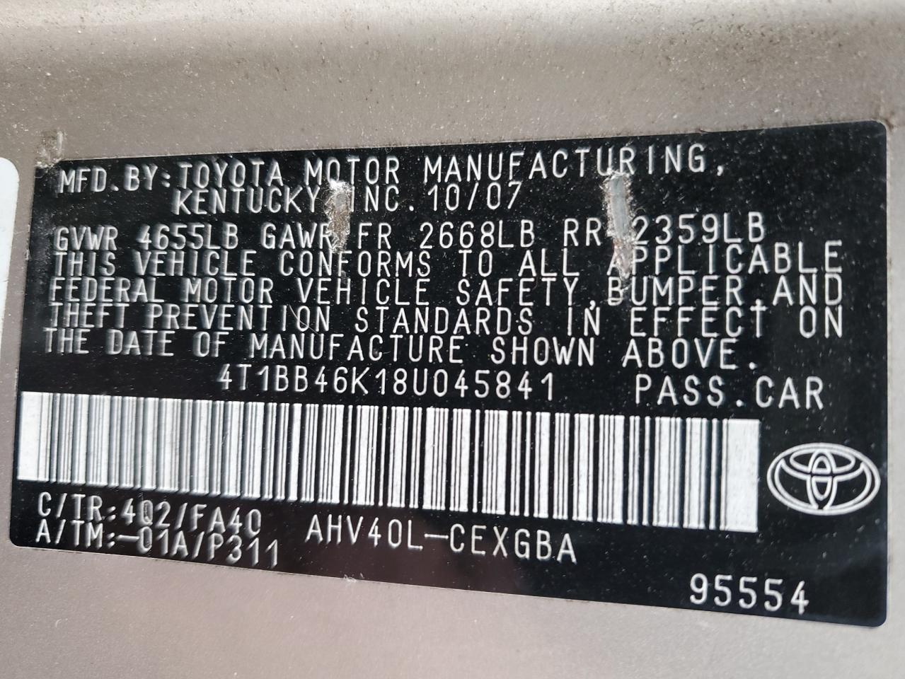 2008 Toyota Camry VIN 4T1BB46K18U045841 Copart auction photo, all over damage thumbnail 12