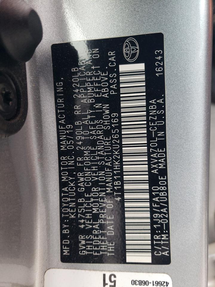 2019 Toyota Camry VIN 4T1B11HK2KU265169 Copart auction photo, front end / side damage thumbnail 12