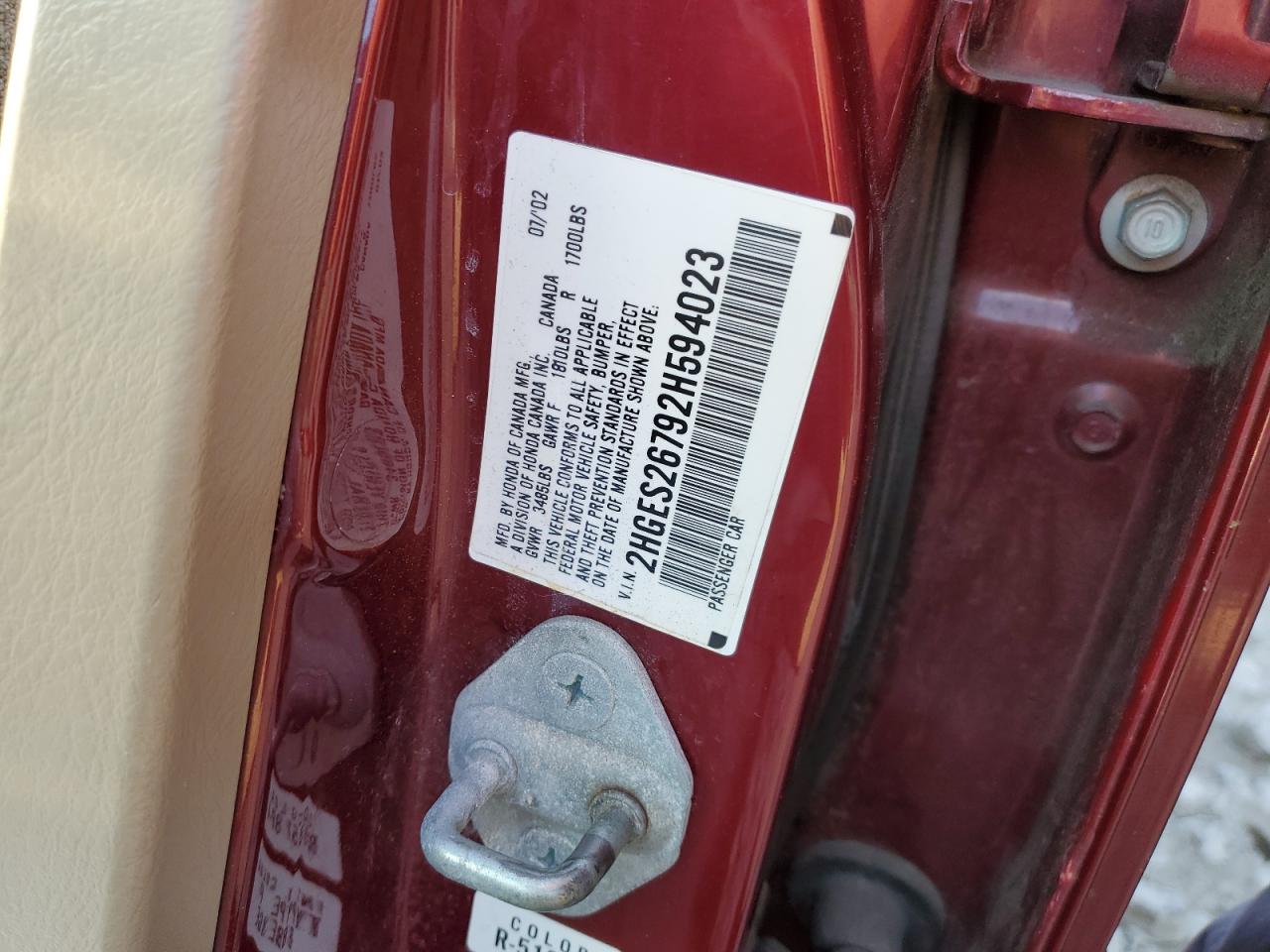2002 Honda Civic VIN 2HGES26792H594023 Copart auction photo, front end damage thumbnail 12