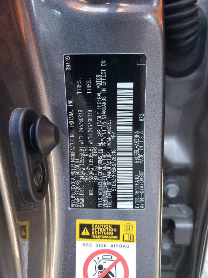 2019 Toyota Highlander VIN 5TDBZRFH5KS728316 Copart auction photo, front end damage thumbnail 13