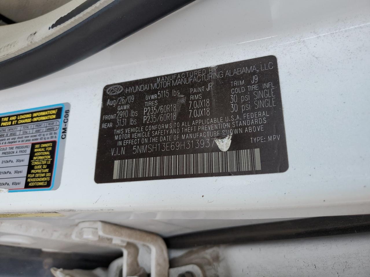 2009 Hyundai Santa Fe VIN 5NMSH13E69H313937 Copart auction photo, front end / side damage thumbnail 13