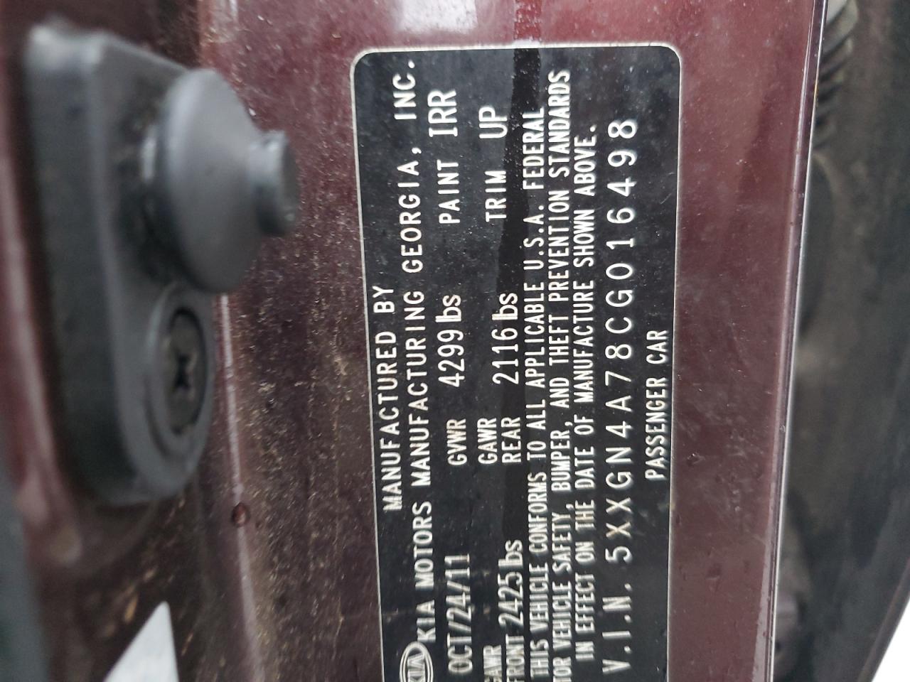 2012 KIA Optima VIN 5XXGN4A78CG016498 Copart auction photo, front end damage thumbnail 12