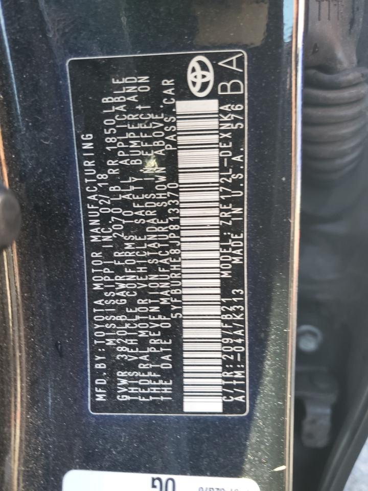 2018 Toyota Corolla VIN 5YFBURHE8JP813370 Copart auction photo, rear end damage thumbnail 12