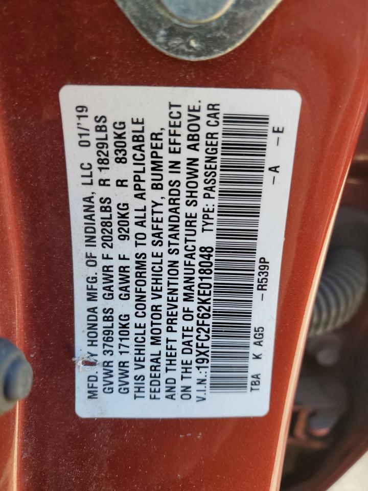2019 Honda Civic VIN 19XFC2F62KE018048 Copart auction photo, front end / side damage thumbnail 13