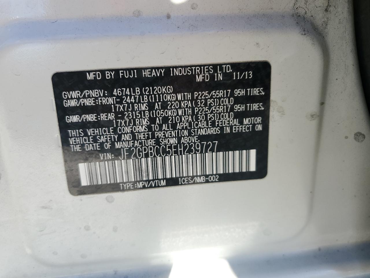 2014 Subaru XV VIN JF2GPBCC5EH239727 Copart auction photo, front end / side damage thumbnail 13