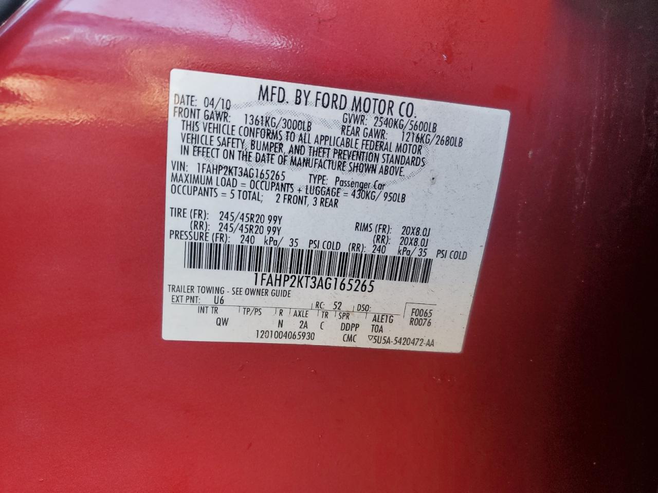 2010 Ford Taurus VIN 1FAHP2KT3AG165265 Copart auction photo, front end damage thumbnail 14