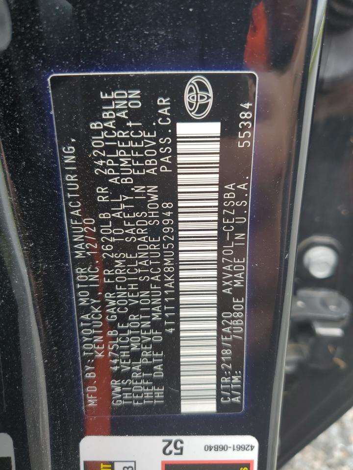 2021 Toyota Camry VIN 4T1T11AK8MU529948 Copart auction photo, water/flood damage thumbnail 13