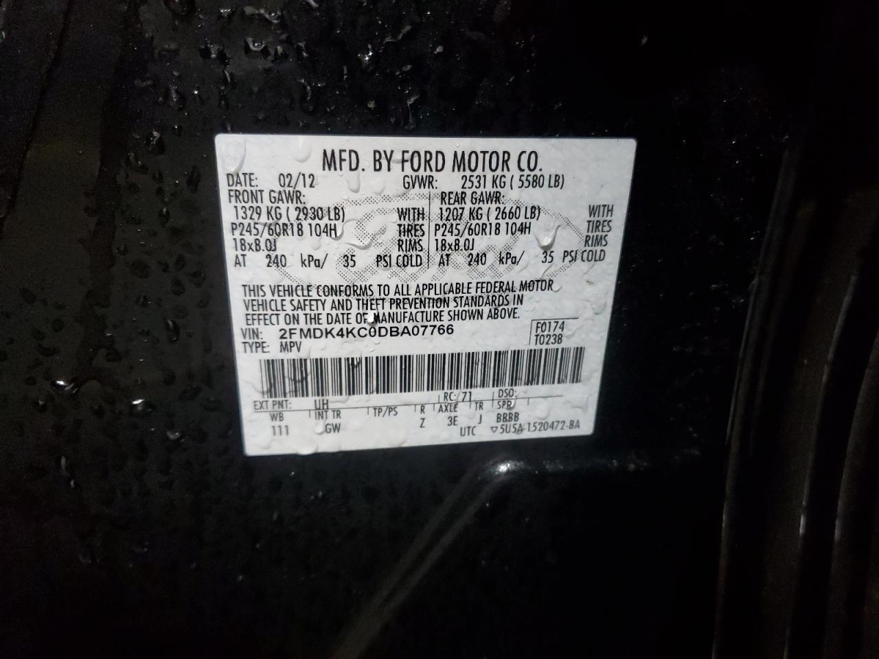 2013 Ford Edge VIN 2FMDK4KC0DBA07766 Copart auction photo, side damage thumbnail 14
