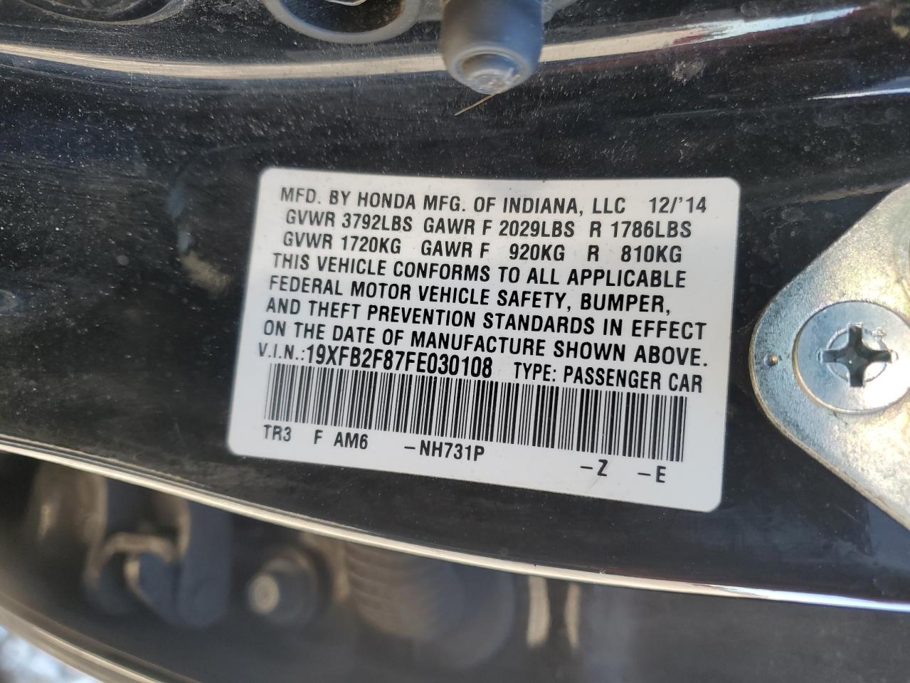 2015 Honda Civic VIN 19XFB2F87FE030108 Copart auction photo, all over damage thumbnail 12