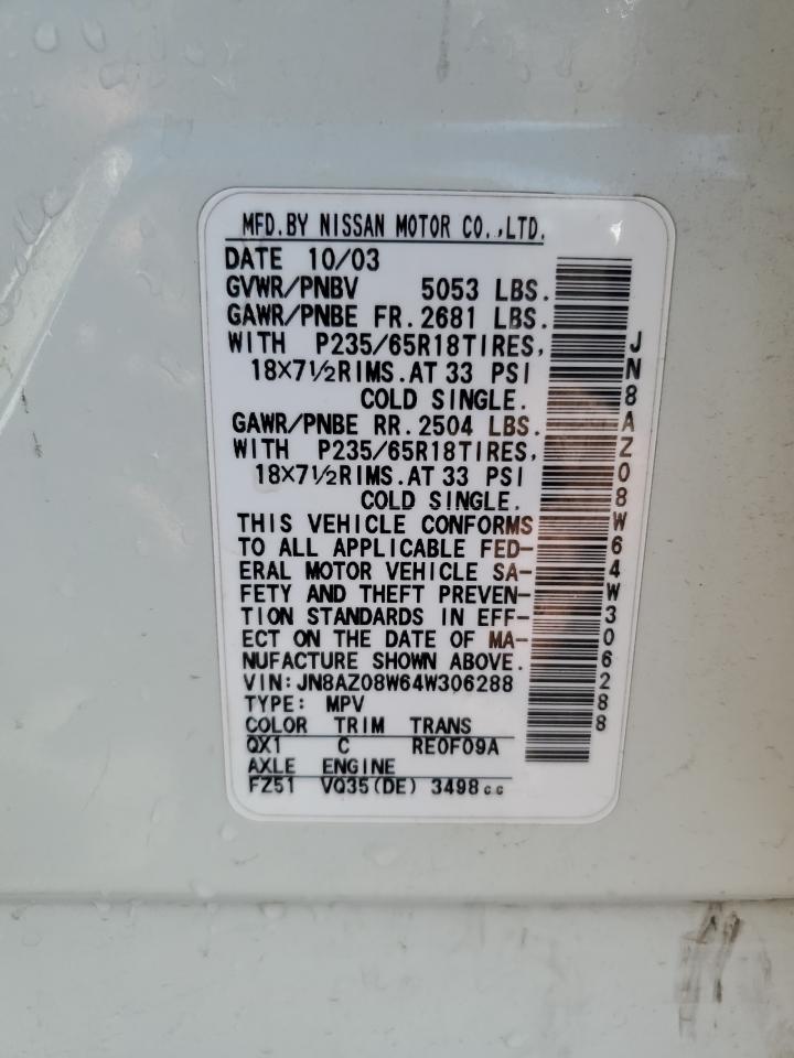 2004 Nissan Murano VIN JN8AZ08W64W306288 Copart auction photo, all over damage thumbnail 13