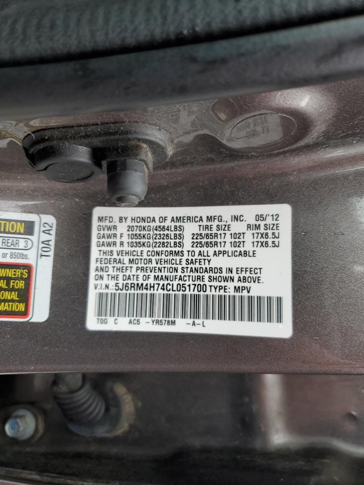 2012 Honda CR-V VIN 5J6RM4H74CL051700 Copart auction photo, rear end / side damage thumbnail 13