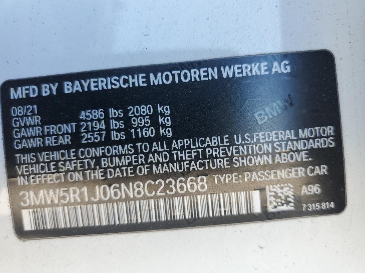 2022 BMW 3er VIN 3MW5R1J06N8C23668 Copart auction photo, front end / hail damage thumbnail 14