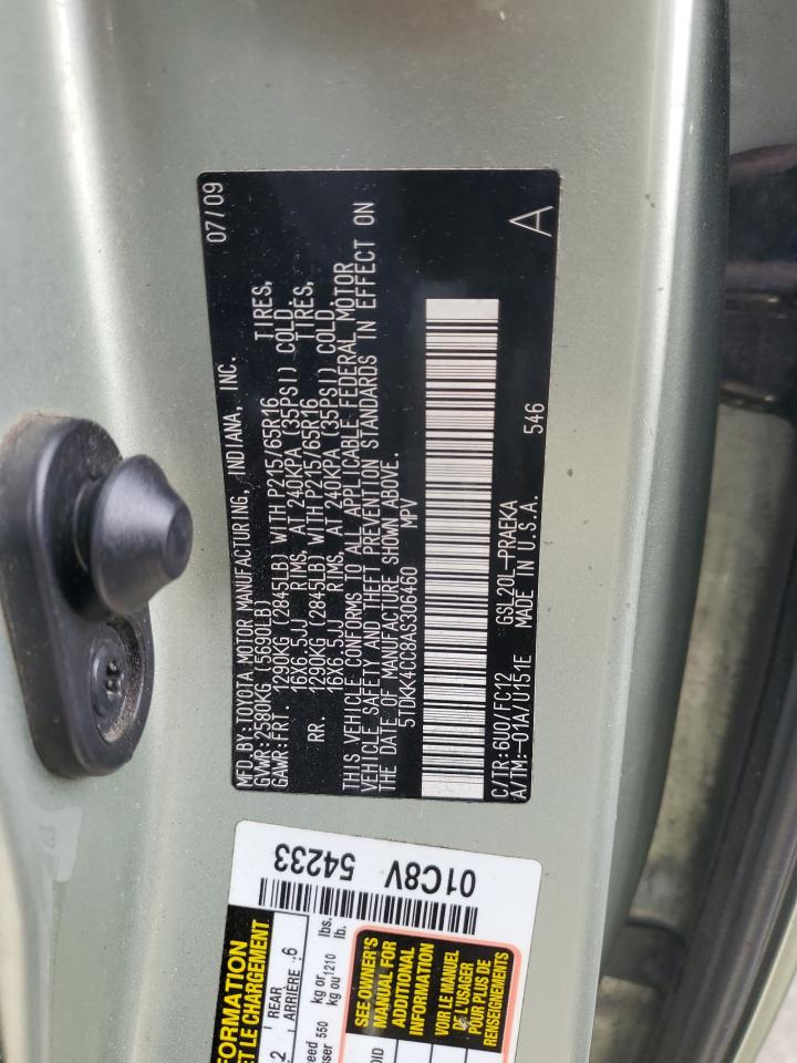 2010 Toyota Sienna VIN 5TDKK4CC8AS306460 Copart auction photo, side / front end damage thumbnail 13