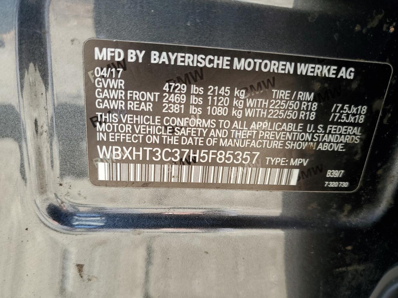 2017 BMW X1 VIN WBXHT3C37H5F85357 Copart auction photo, front end / side damage thumbnail 15