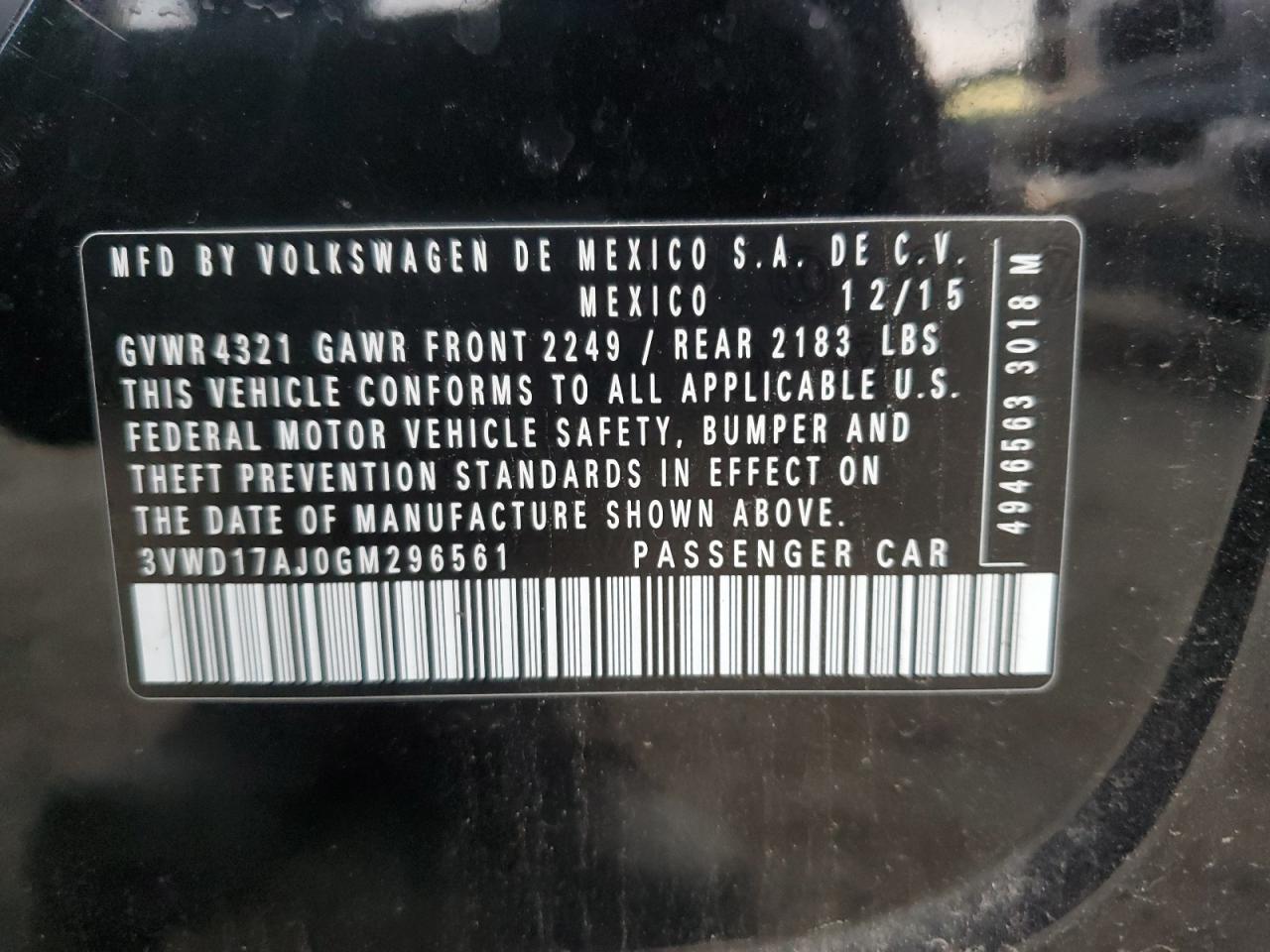 2016 Volkswagen Jetta VIN 3VWD17AJ0GM296561 Copart auction photo, front end / side damage thumbnail 12