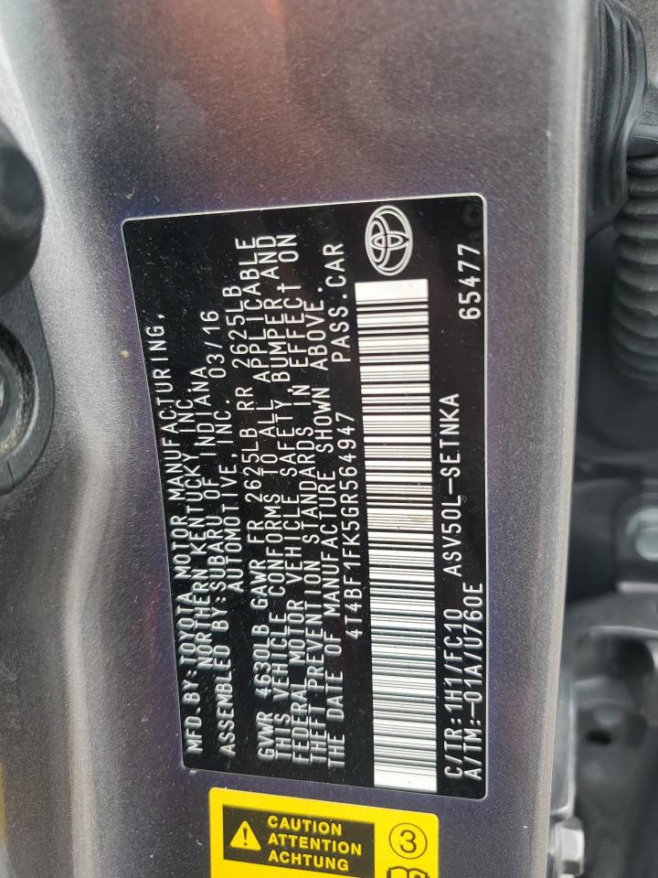 2016 Toyota Camry VIN 4T4BF1FK5GR564947 Copart auction photo, all over damage thumbnail 12