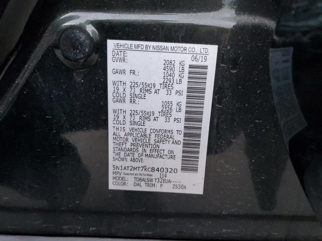 2019 Nissan Rogue VIN 5N1AT2MT7KC840320 Copart auction photo, side damage thumbnail 15