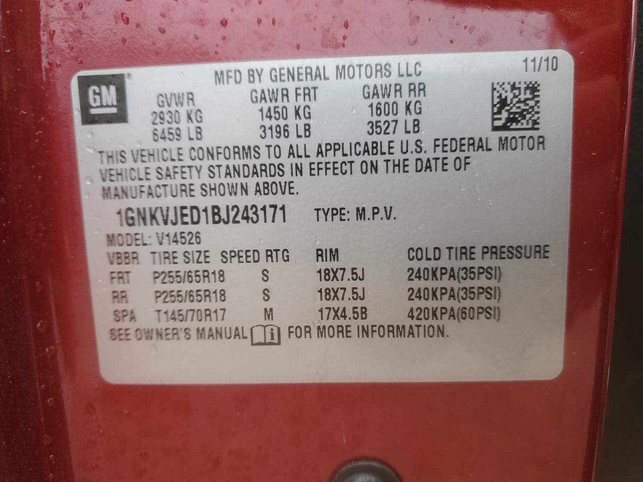 2011 Chevrolet Traverse VIN 1GNKVJED1BJ243171 Copart auction photo, front end damage thumbnail 13