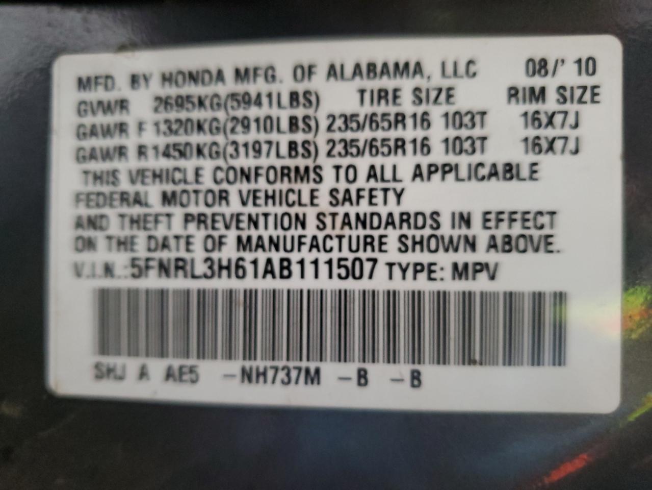 2010 Honda Odyssey VIN 5FNRL3H61AB111507 Copart auction photo, side damage thumbnail 13