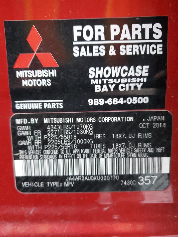 2019 Mitsubishi Outlander VIN JA4AR3AU0KU009770 Copart auction photo, front end / minor dent/scratches damage thumbnail 13