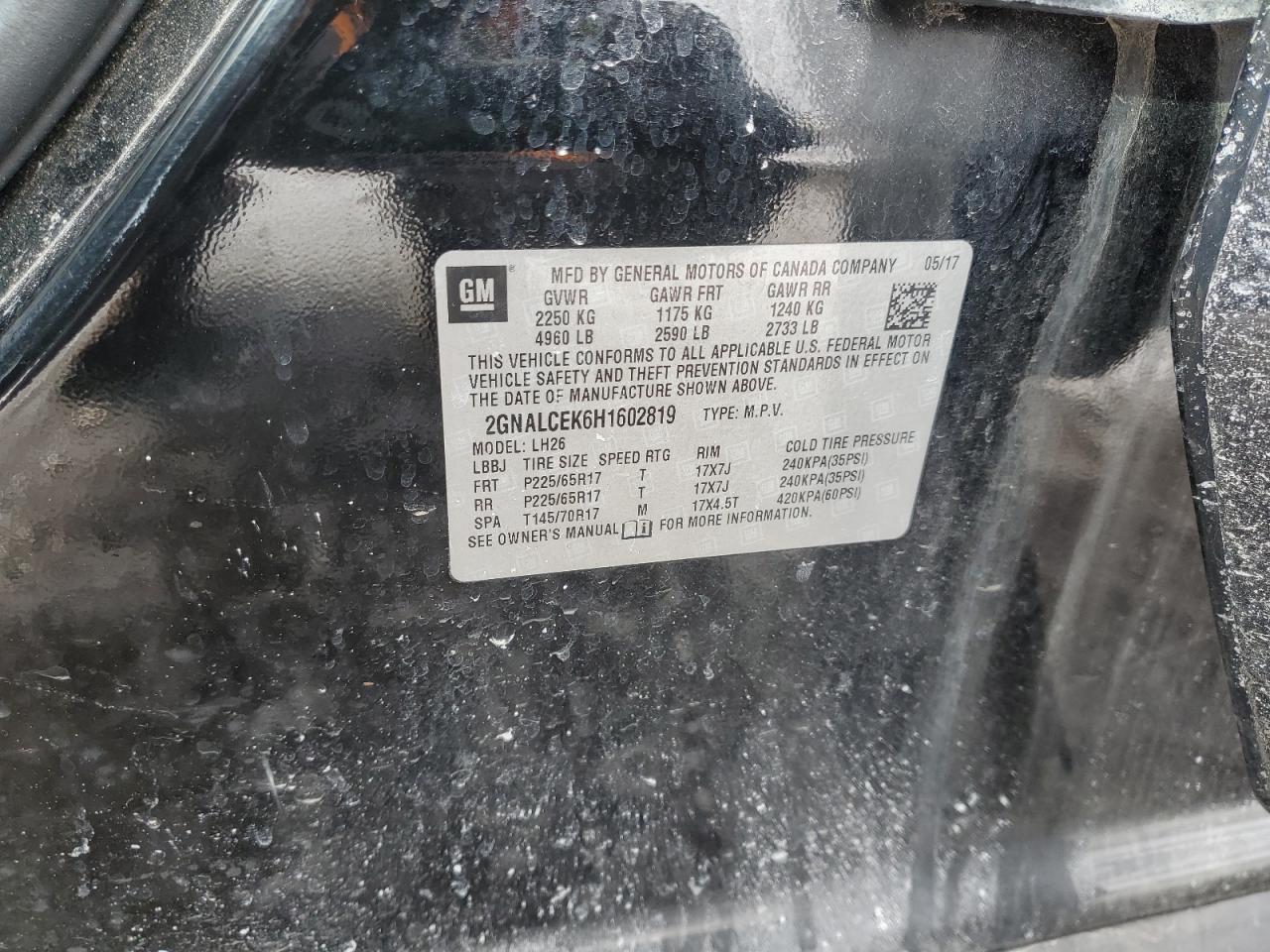 2017 Chevrolet Equinox VIN 2GNALCEK6H1602819 Copart auction photo, rear end damage thumbnail 13