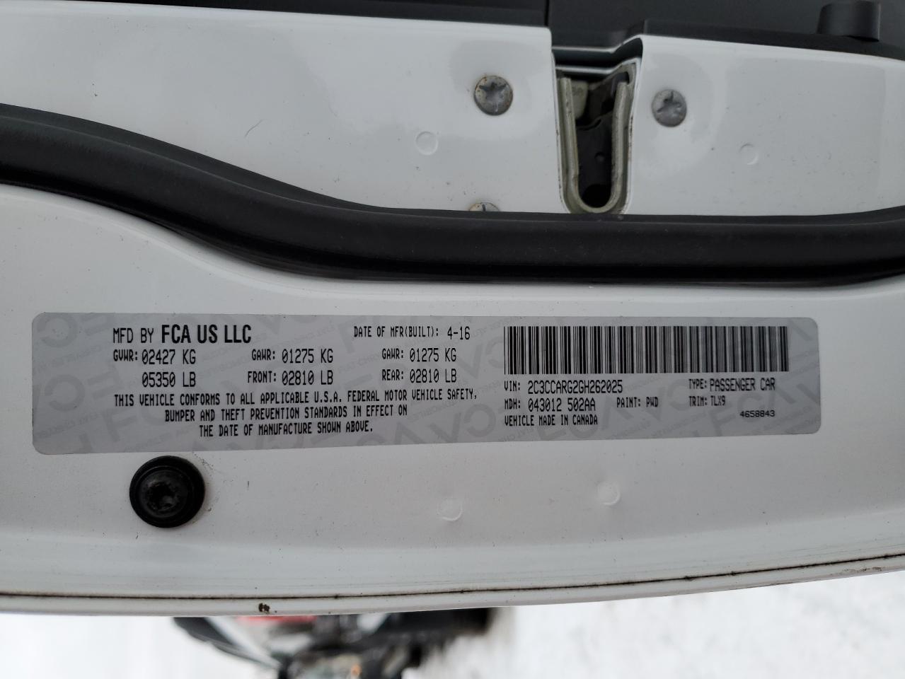 2016 Chrysler 300 VIN 2C3CCARG2GH262025 Copart auction photo, all over damage thumbnail 12