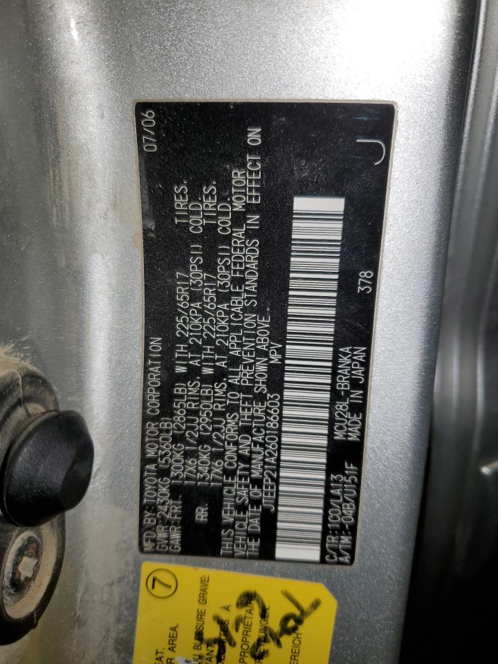 2006 Toyota Highlander VIN JTEEP21A260186603 Copart auction photo, front end / frame damage damage thumbnail 13