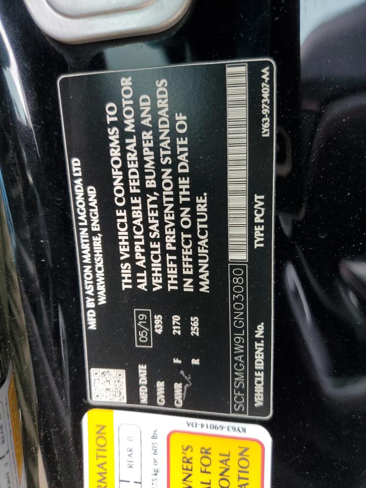 2020 Aston Martin Vantage VIN SCFSMGAW9LGN03080 Copart auction photo, water/flood / minor dent/scratches damage thumbnail 12