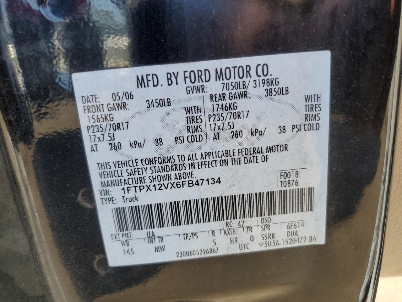 2006 Ford F-150 VIN 1FTPX12VX6FB47134 Copart auction photo, side / rear end damage thumbnail 14