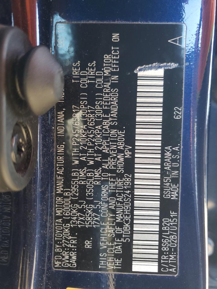 2013 Toyota Highlander VIN 5TDBK3EH9DS241982 Copart auction photo, front end / side damage thumbnail 14