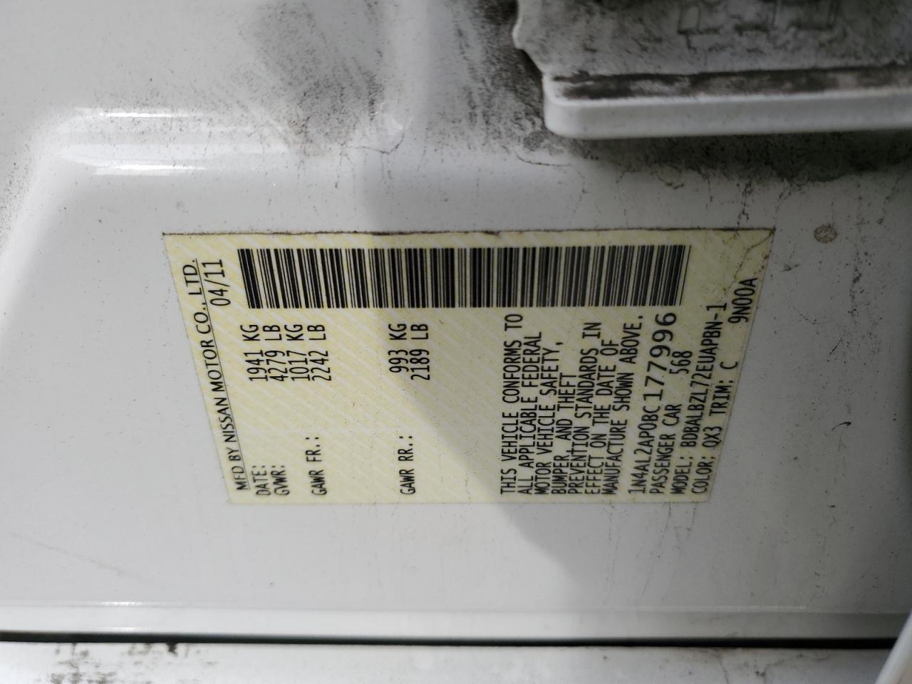2011 Nissan Altima VIN 1N4AL2AP0BC177996 Copart auction photo, front end damage thumbnail 12