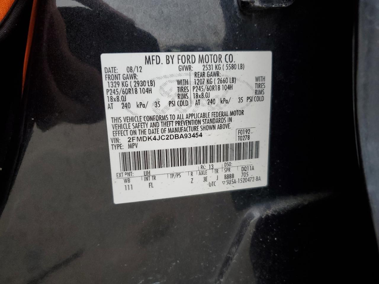 2013 Ford Edge VIN 2FMDK4JC2DBA93454 Copart auction photo, front end damage thumbnail 14