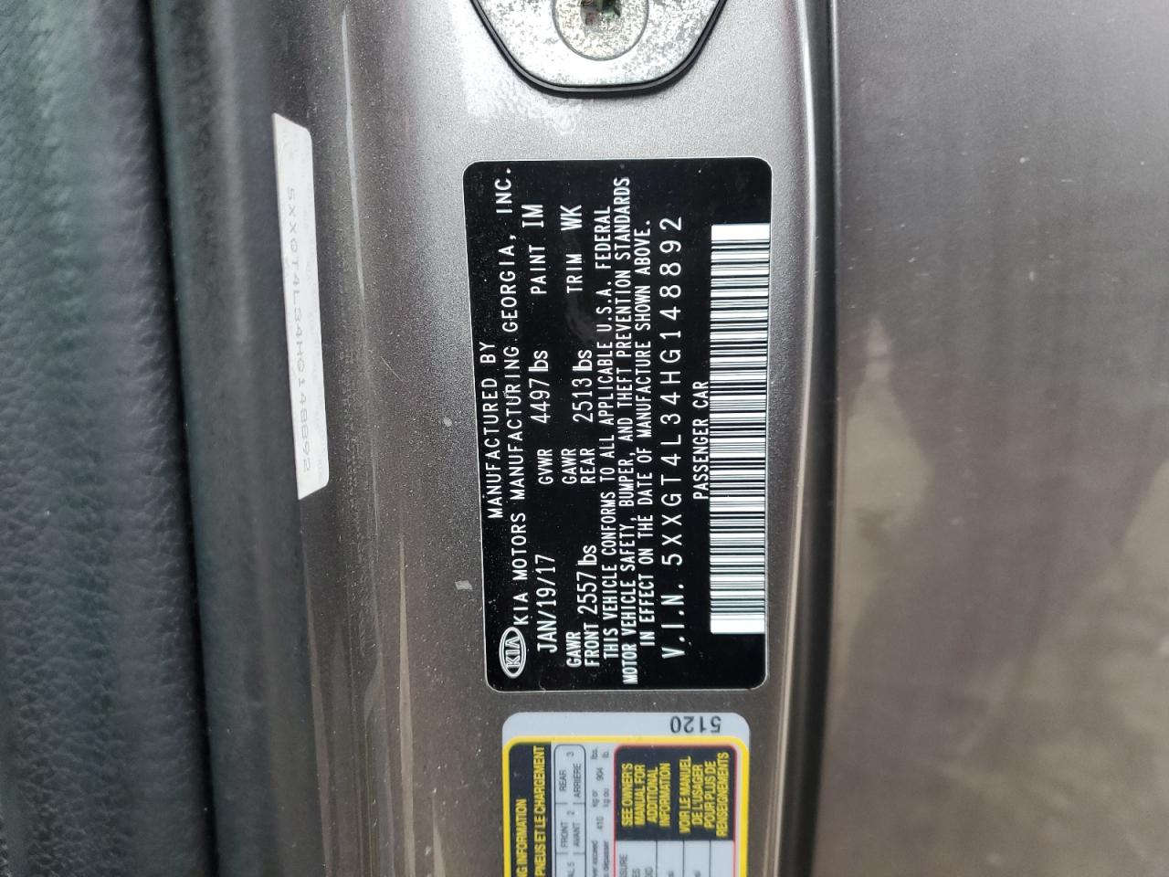 2017 KIA Optima VIN 5XXGT4L34HG148892 Copart auction photo, rear end / front end damage thumbnail 14