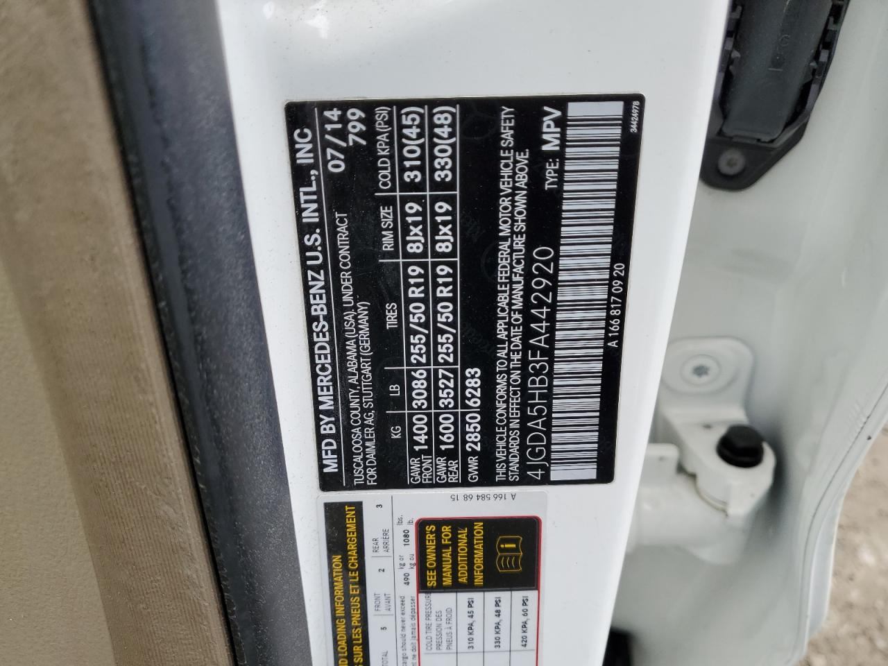 2015 Mercedes-Benz M-klasse VIN 4JGDA5HB3FA442920 Copart auction photo, front end damage thumbnail 13