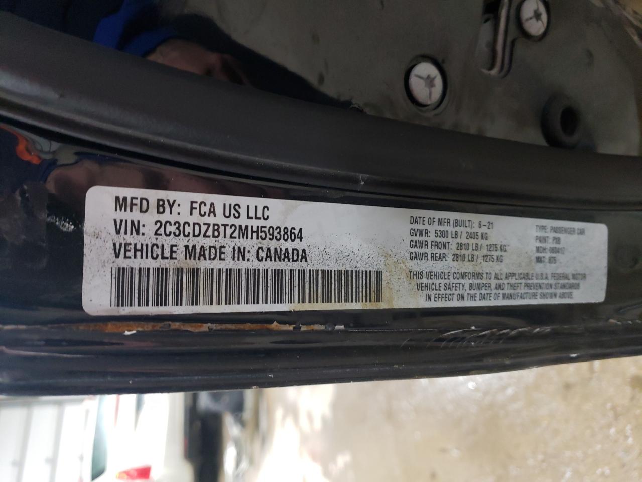 2021 Dodge Challenger VIN 2C3CDZBT2MH593864 Copart auction photo, all over damage thumbnail 12