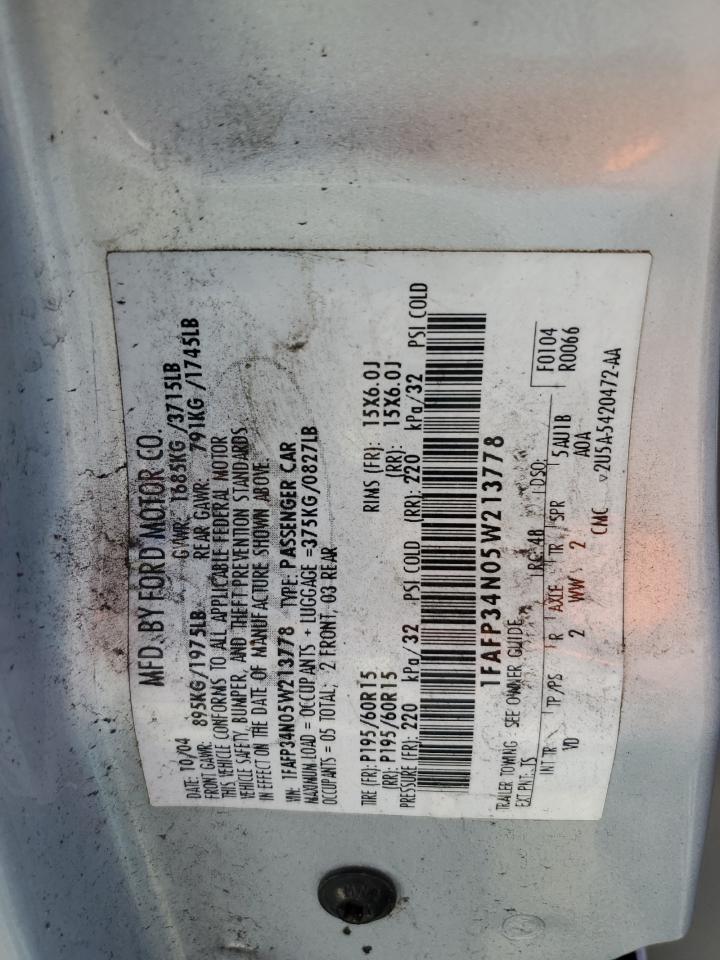 2005 Ford Focus VIN 1FAFP34N05W213778 Copart auction photo, front end / side damage thumbnail 15