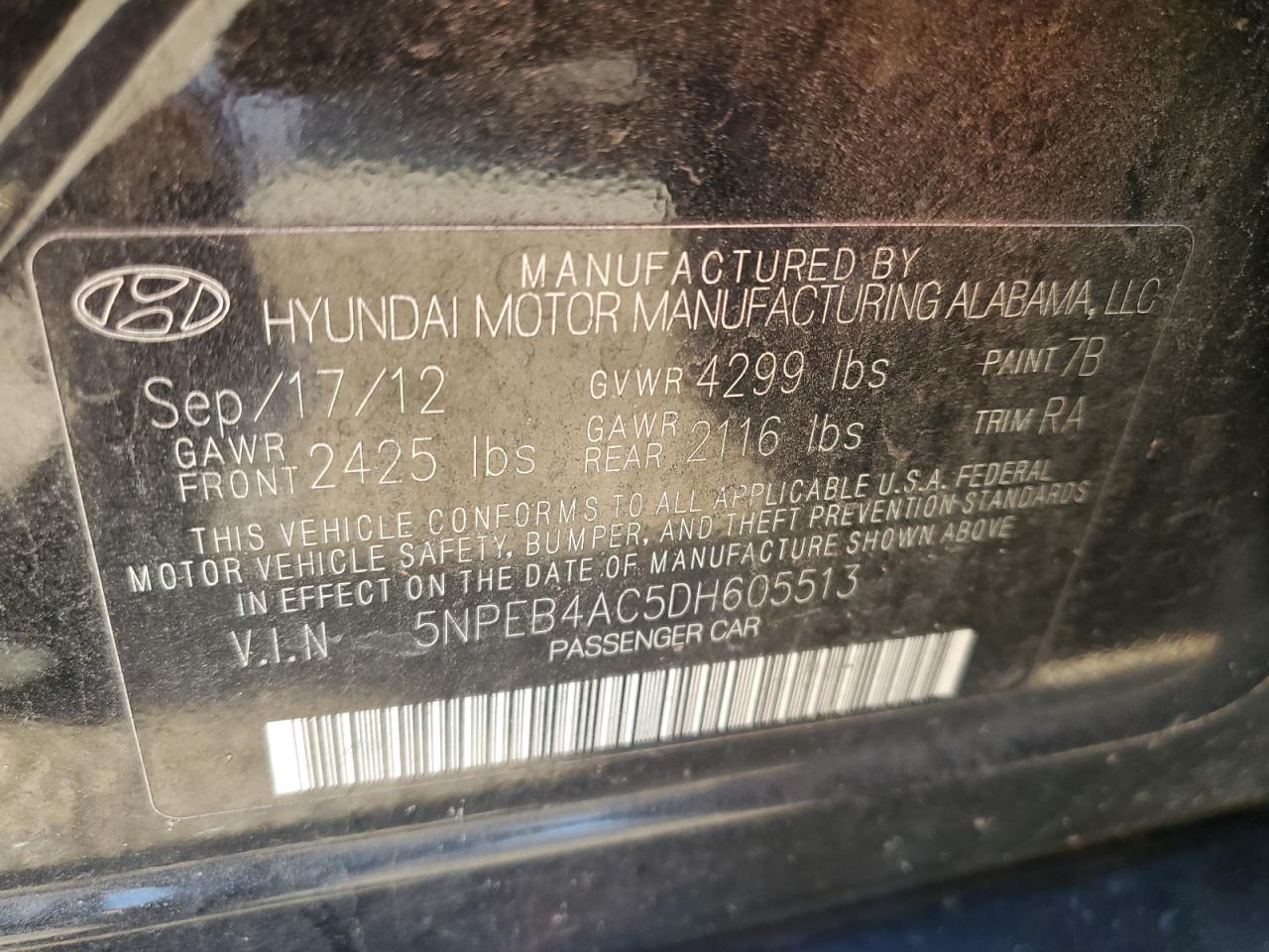 2013 Hyundai Sonata VIN 5NPEB4AC5DH605513 Copart auction photo, front end damage thumbnail 12