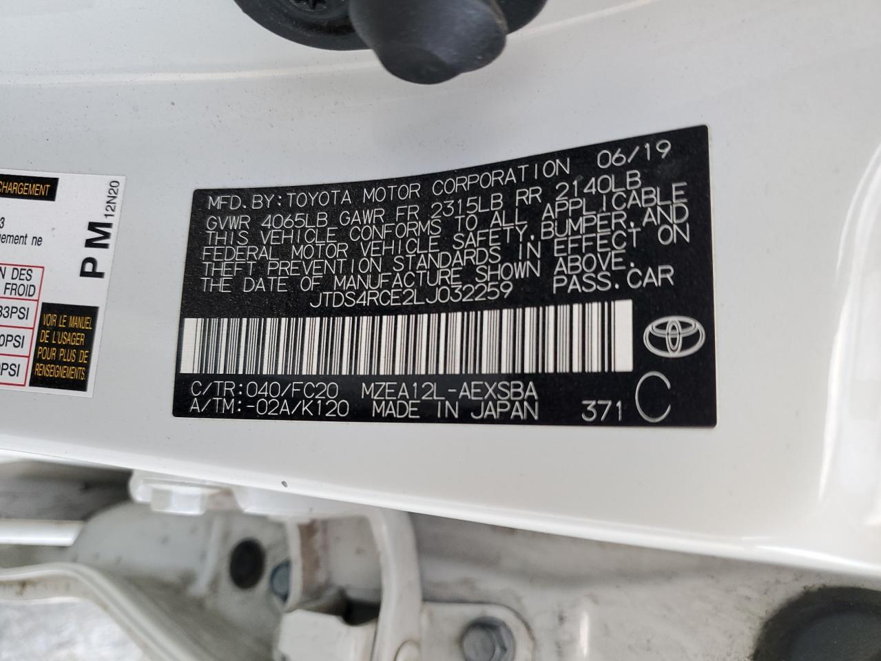 2020 Toyota Corolla VIN JTDS4RCE2LJ032259 Copart auction photo, all over damage thumbnail 14