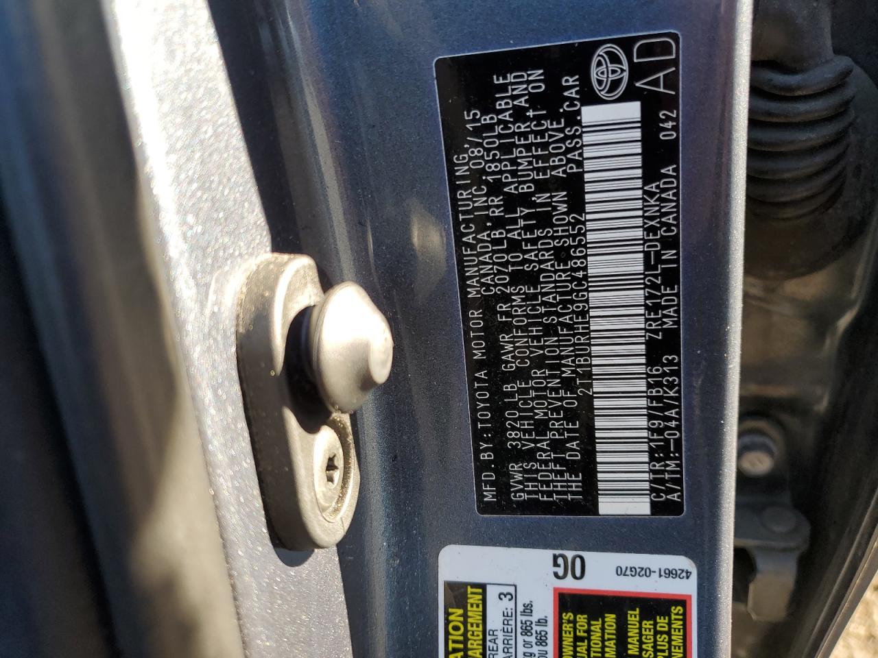 2016 Toyota Corolla VIN 2T1BURHE9GC486552 Copart auction photo, rear end damage thumbnail 13