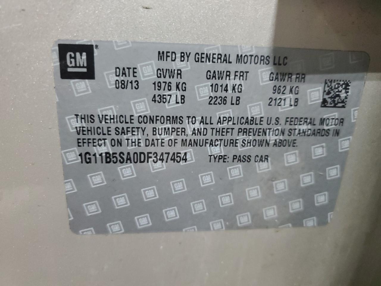 2013 Chevrolet Malibu VIN 1G11B5SA0DF347454 Copart auction photo, front end damage thumbnail 12